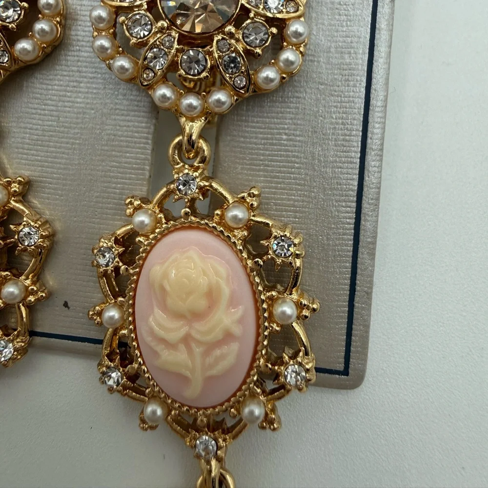 Marchesa Elegant Gold Cameo Rose Drop Earrings w/ Pearls & Crystals - Picture 5 of 16